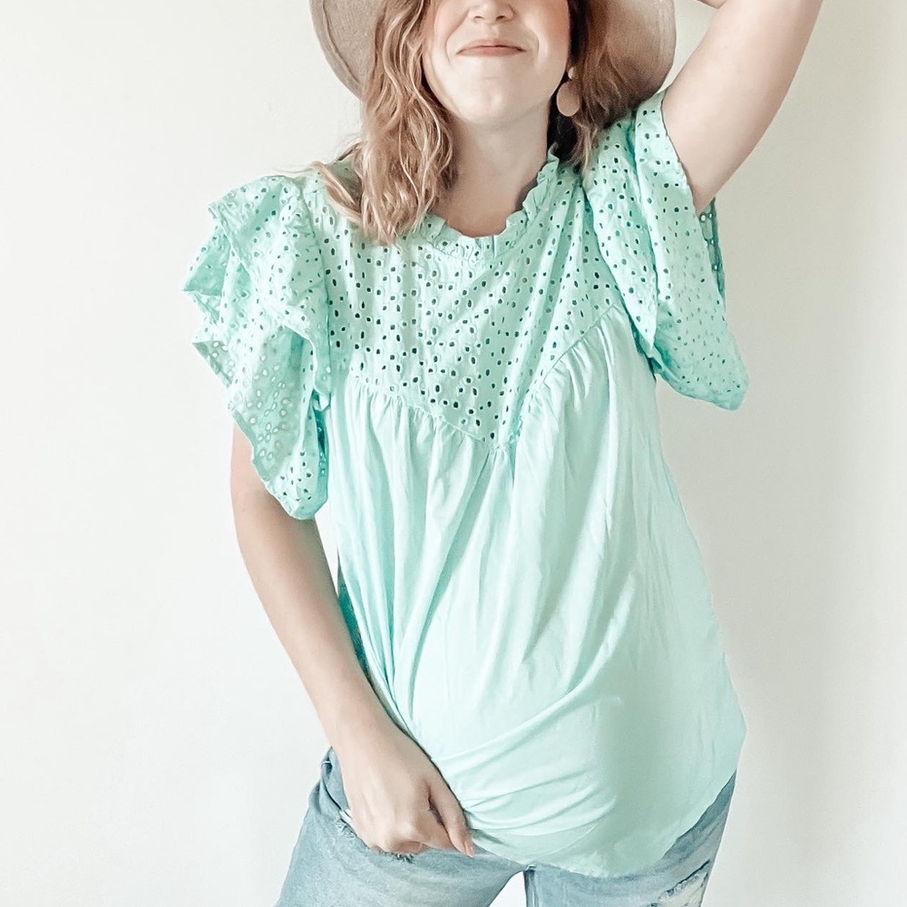 A New Day Green Eyelet Ruffle Sleeve Top
